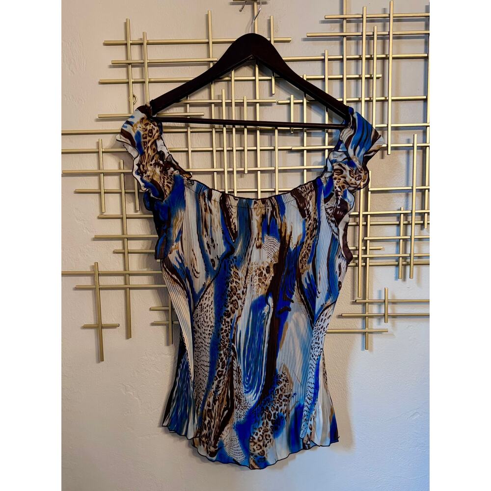 Jaipur Blue Brown Abstract Animal Print Pleated Stretch Top Size Large Y2K